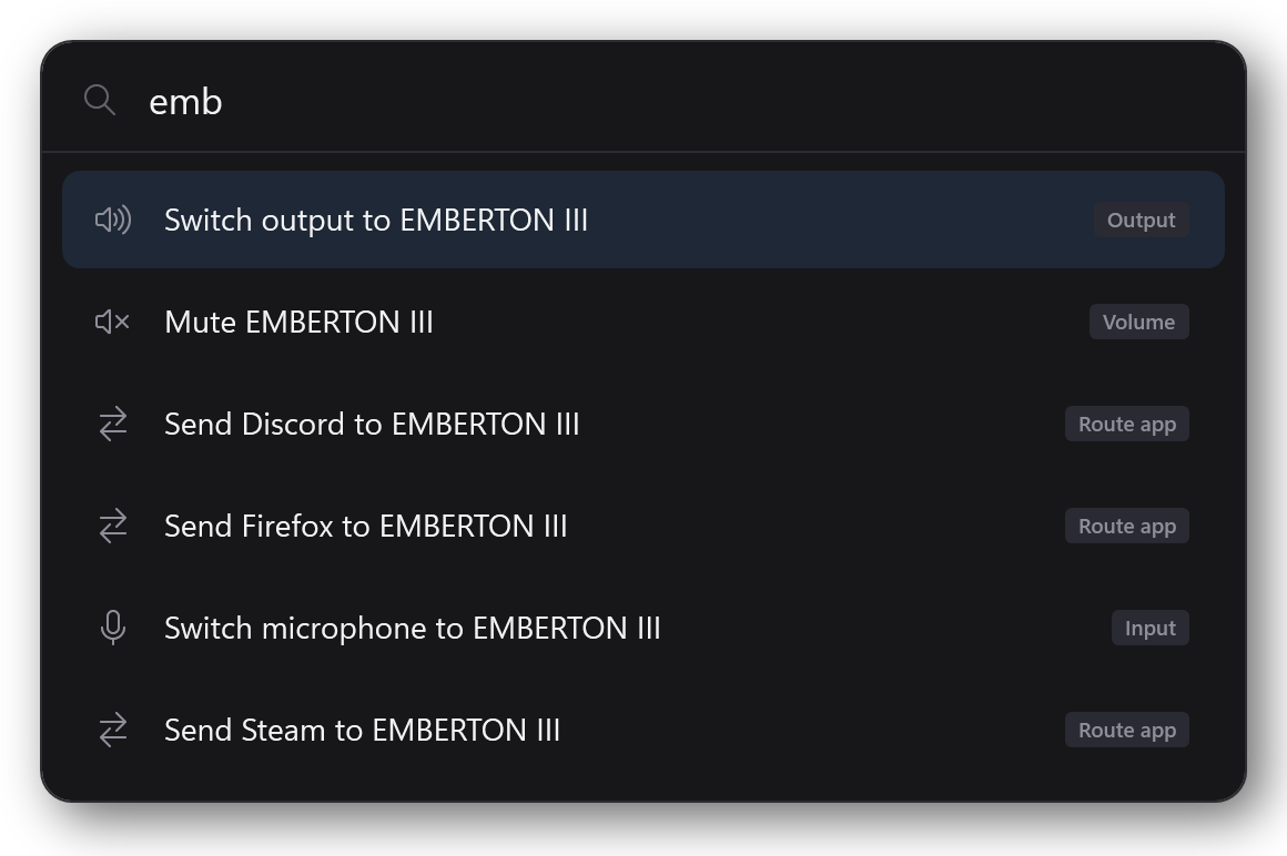 The command palette with 'emb' typed, listing: switch output, mute, send Discord, send Firefox, switch microphone, send Steam.