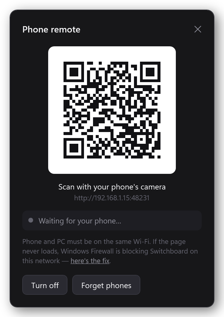 Switchboard's Phone remote window: a QR code, the address http://192.168.1.15:48231, and a status line saying Waiting for your phone.