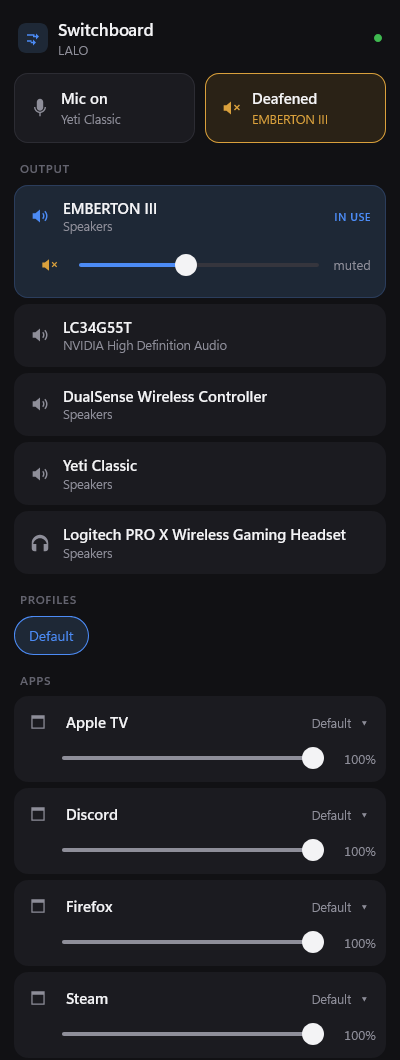 The phone page: Mic and Sound buttons at the top, the OUTPUT list with EMBERTON III in use and a volume slider, a Default profile chip, then each app with its own volume slider.