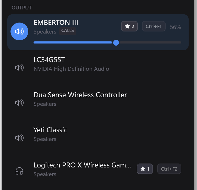 The OUTPUT list with the Logitech PRO X headset starred 1 and the EMBERTON III speaker starred 2.